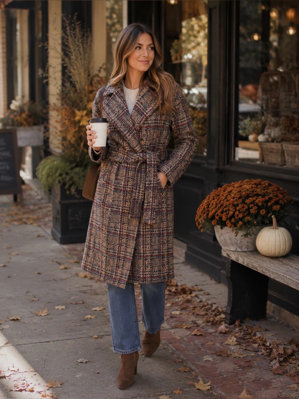 Express Plaid Wrap Oversized Tan Navy Red Trench Coat w/ Removable Belt XS